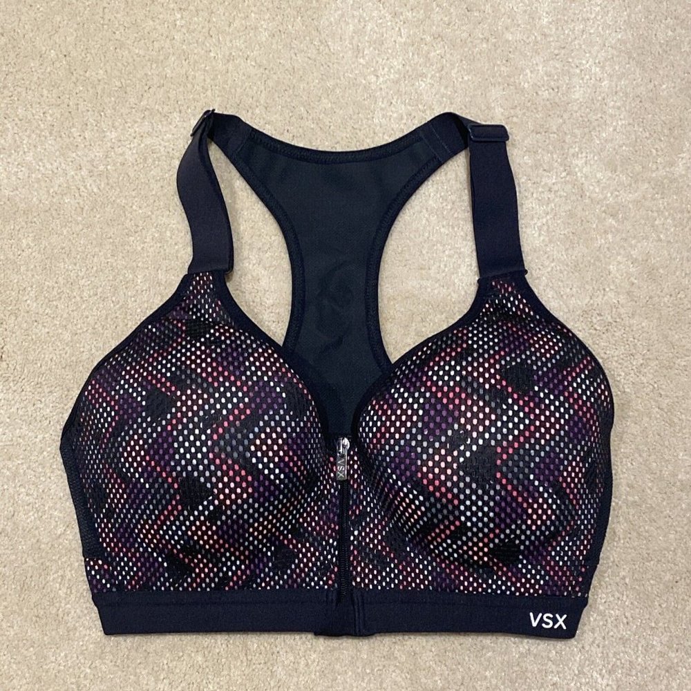 Victoria’s Secret VSX Zip Up Black Rainbow Chevron Mesh Sports Bra 32D